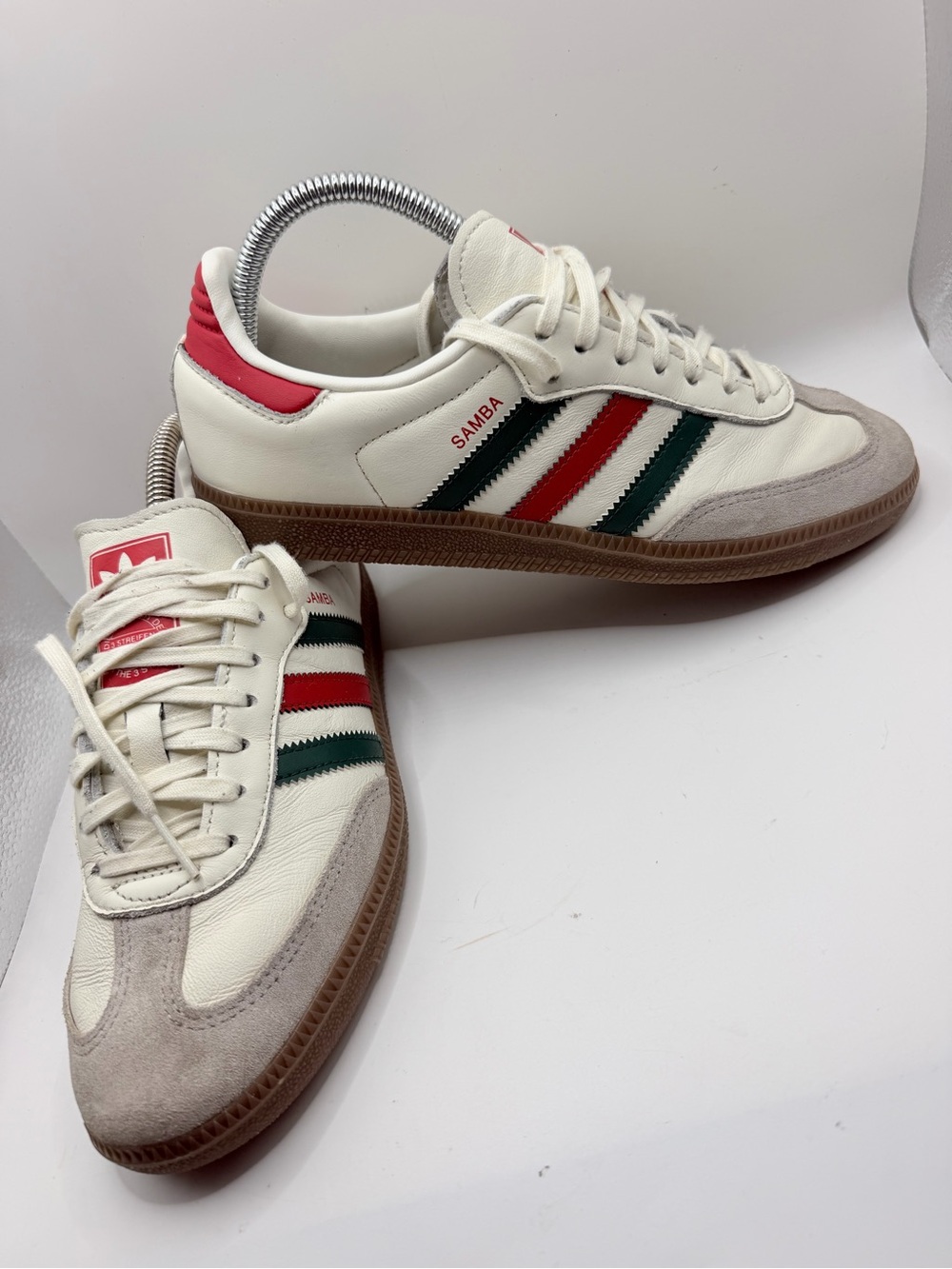 adidas Samba Sneakers in White with Red & Green Stripes